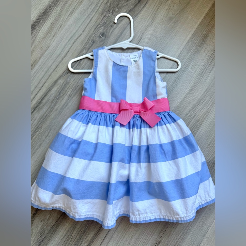 Carter’s Baby Girl Dress 9 Months Blue Striped with Pink Bow Excellent Condition
